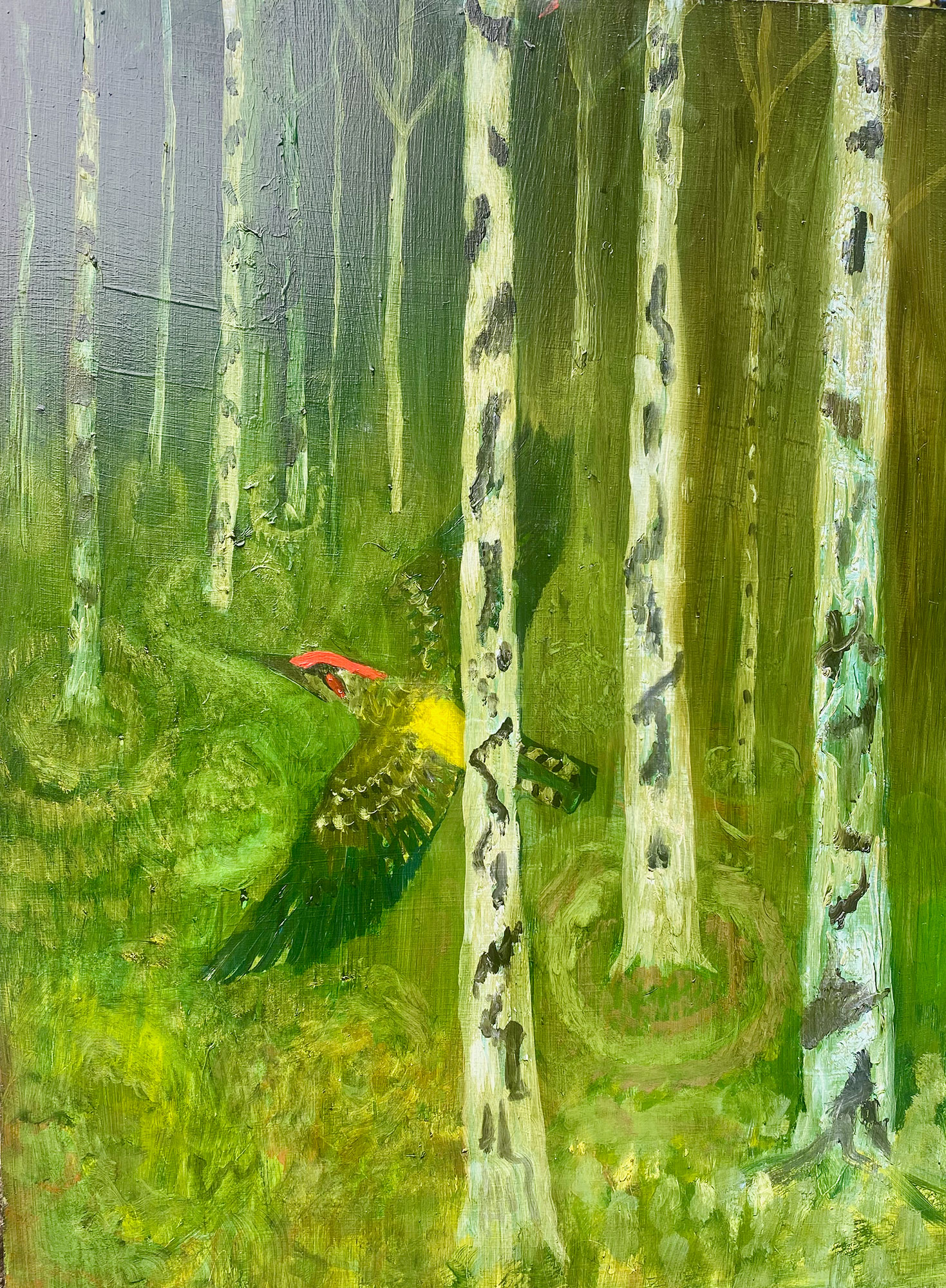 The Flight Of the Green Woodpecker 2, Oil, 2024 The Flight Of the Green Woodpecker 2, Oil, 2024