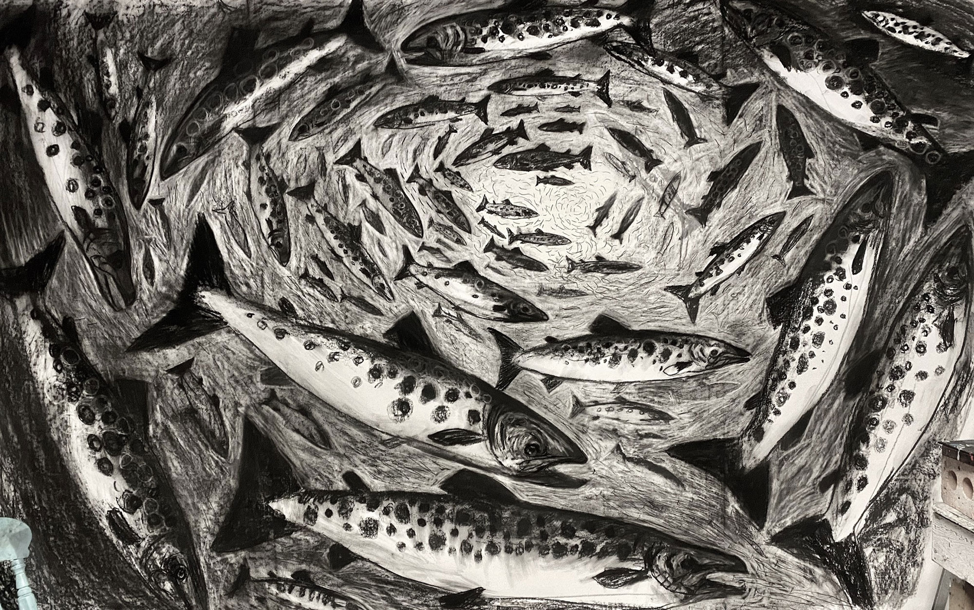 The Sea Trout Shoals of Old, Charcoal, 8ftx6ft The Sea Trout Shoals of Old, Charcoal, 8ftx6ft