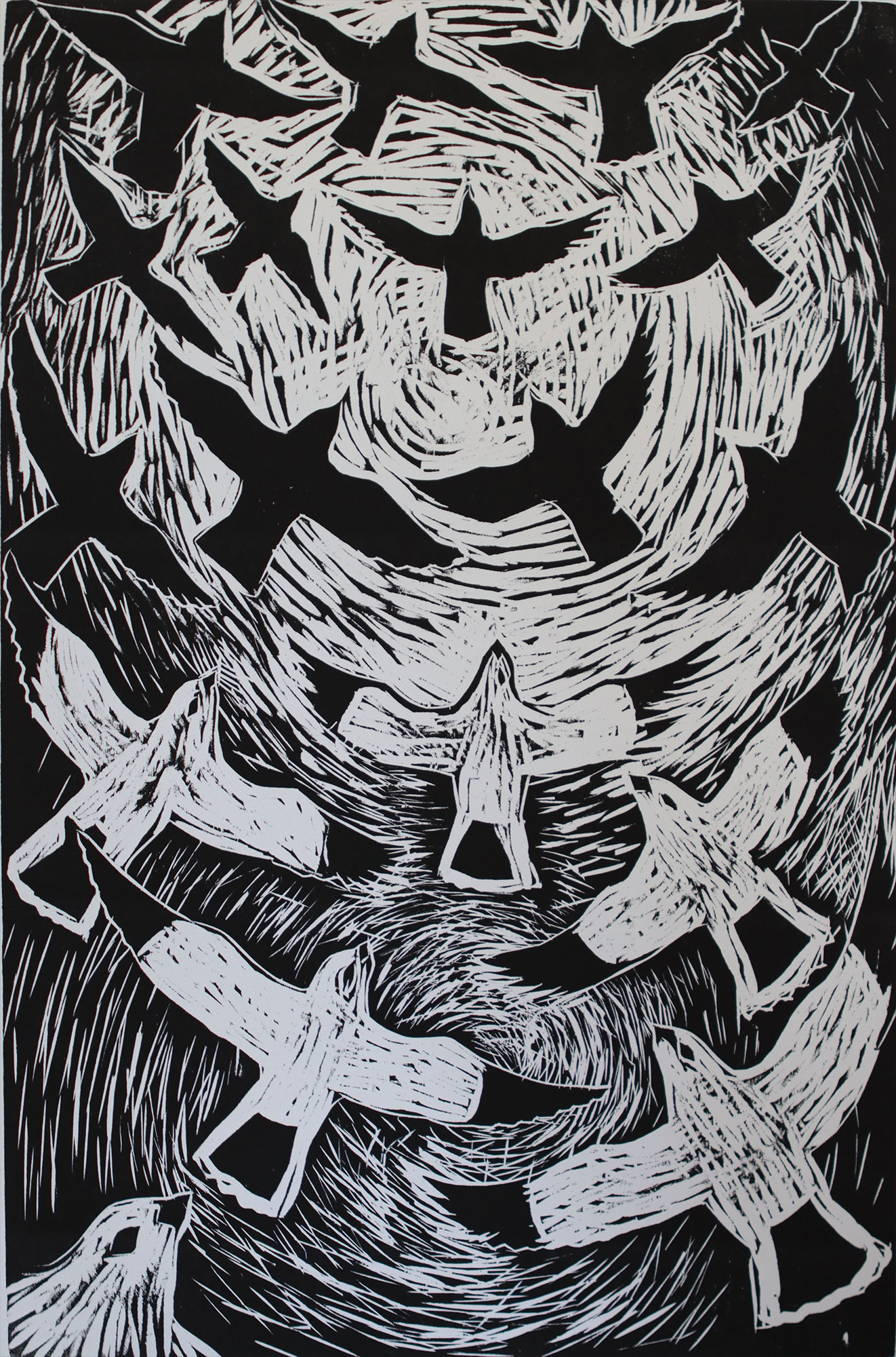 Snowbuntings, Woodcut, 2024 Snowbuntings, Woodcut, 2024